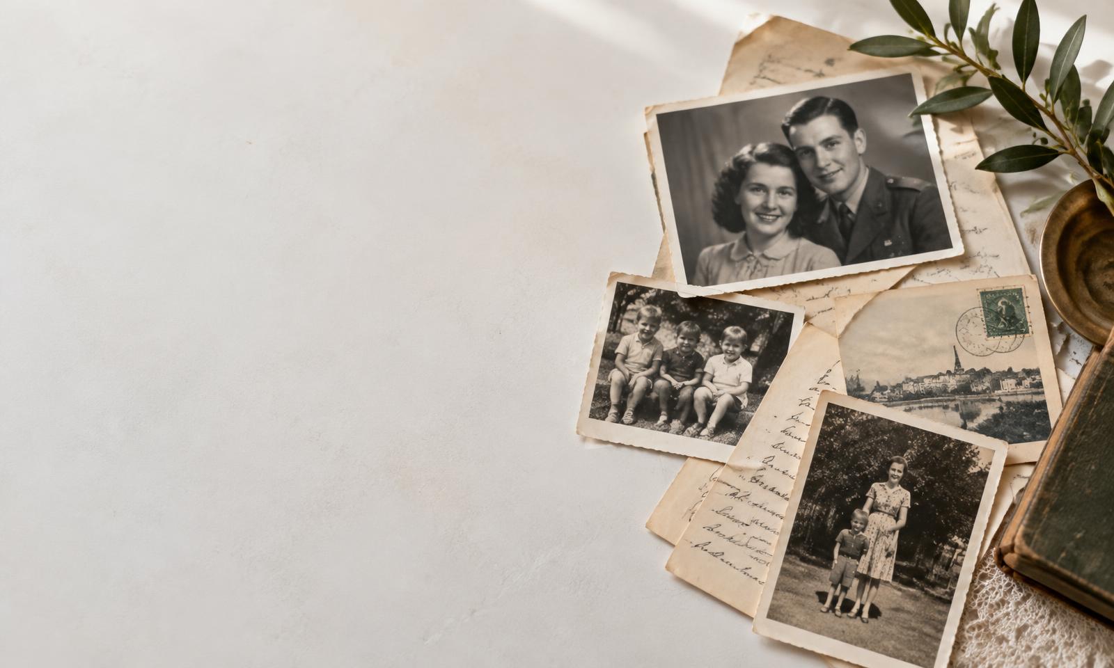 A collection of vintage family photographs, letters, and postcards