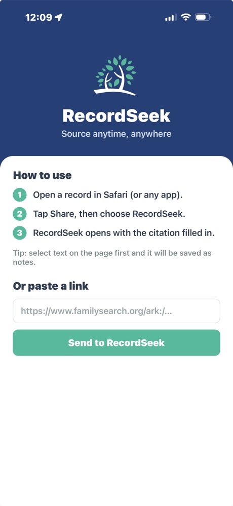 The RecordSeek iOS app: open a record, tap Share, choose RecordSeek, or paste a link